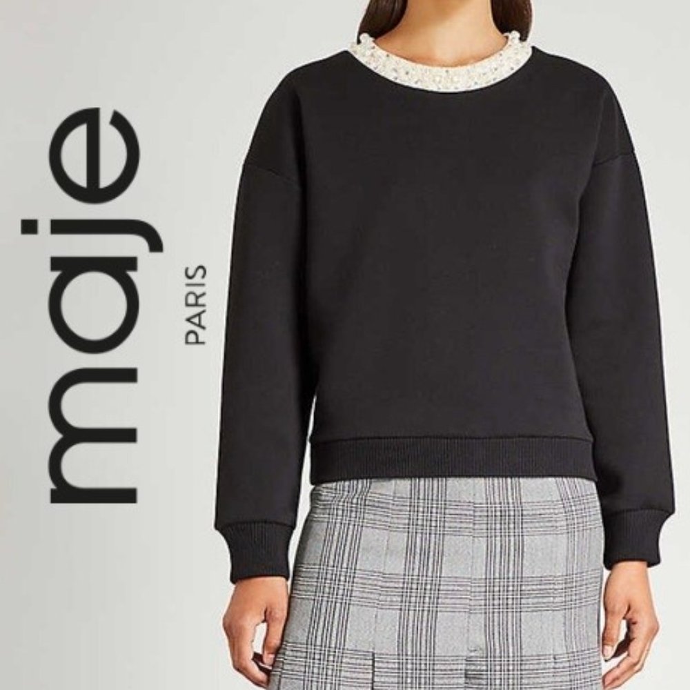 MAJE TENOR Black PEARL RHINESTONE Embellished Crew Neck SWEATER!